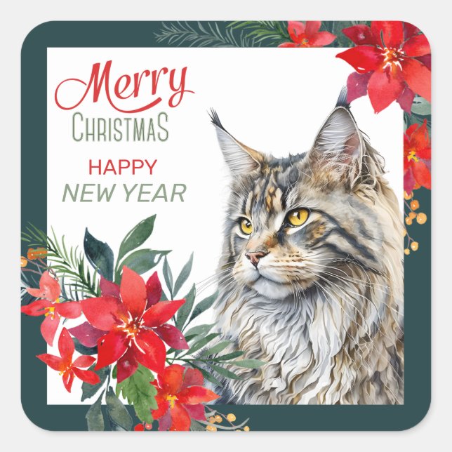 Maine Coon Cat Poinsettia Border Christmas Square Sticker (Front)