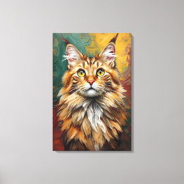 Maine Coon Cat Portrait Vibrant Oil Painting Canvas Print