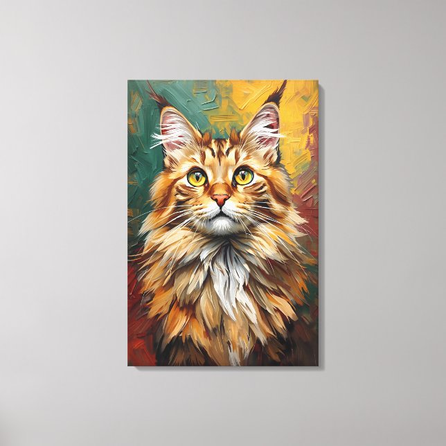Maine Coon Cat Portrait Vibrant Oil Painting Canvas Print (Front)