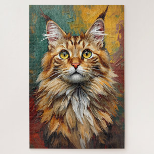 Maine Coon Cat Portrait Vibrant Oil Painting Jigsaw Puzzle