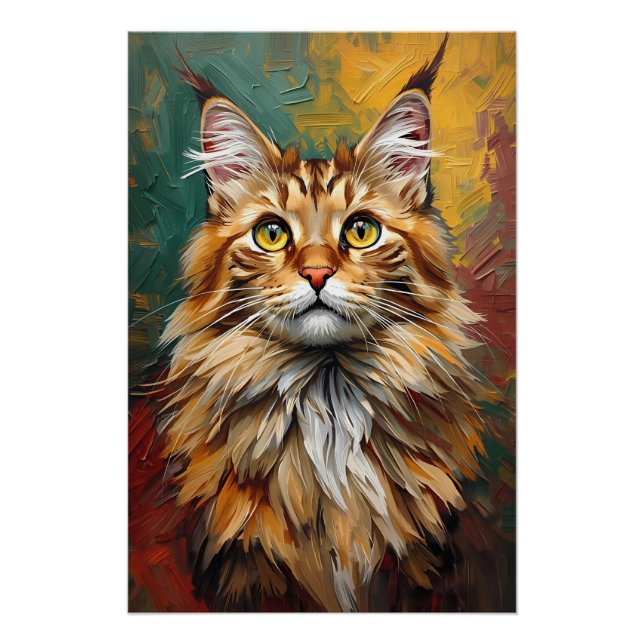 Maine Coon Cat Portrait Vibrant Oil Painting Poster (Front)