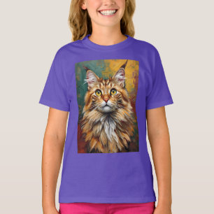Maine Coon Cat Portrait Vibrant Oil Painting T-Shirt