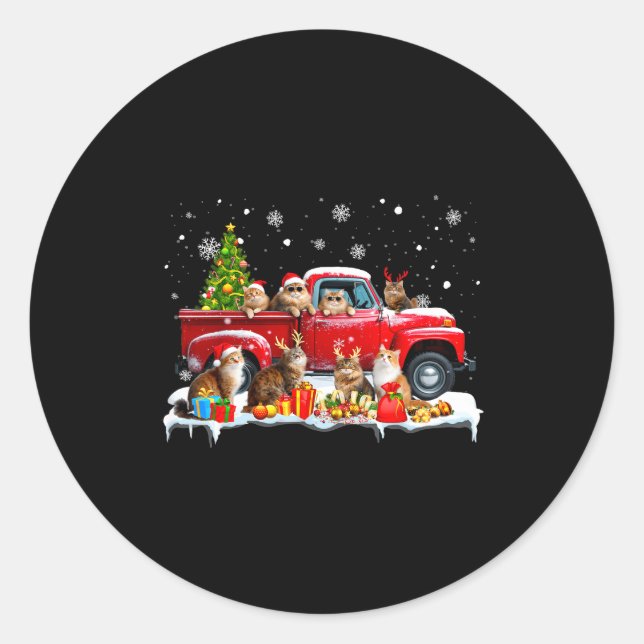 Maine Coon Cat Red Truck Christmas Tree Santa Ugly Classic Round Sticker (Front)