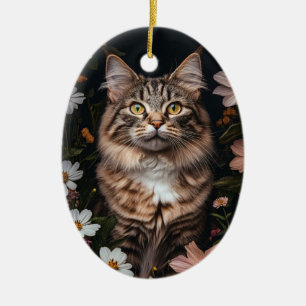 Maine Coon Cat Surrounded by Flowers Ceramic Tree Decoration