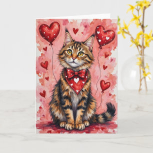 Maine Coon Cat Valentine Sitting with Hearts Red Card