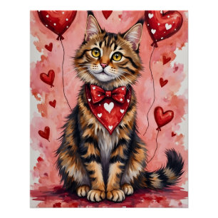 Maine Coon Cat Valentine Sitting with Hearts Red Poster