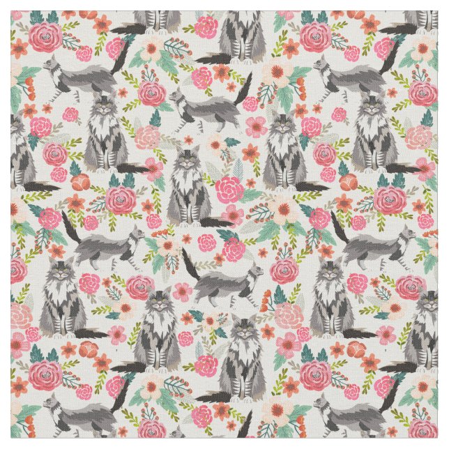 maine coon cat vintage florals cream fabric (Close Up)