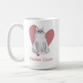 Maine Coon Cat Watercolor Kitty Pink Heart Coffee Mug