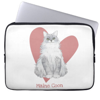 Maine Coon Cat Watercolor Kitty Pink Heart Laptop Sleeve