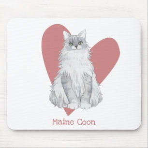 Maine Coon Cat Watercolor Kitty Pink Heart Mouse Pad