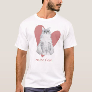 Maine Coon Cat Watercolor Kitty Pink Heart T-Shirt