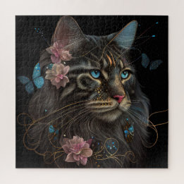 Maine Coon cat with butterfly and flowers AI art Jigsaw Puzzle