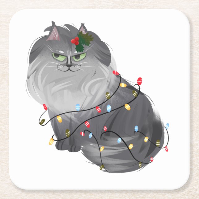 Maine Coon Cat with Christmas Decorations Square Paper Coaster (Front)