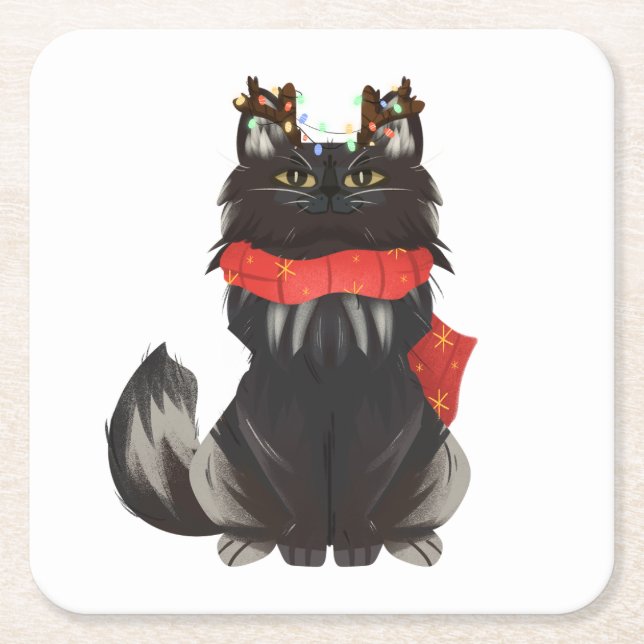 Maine Coon Cat with Christmas Decorations Square Paper Coaster (Front)