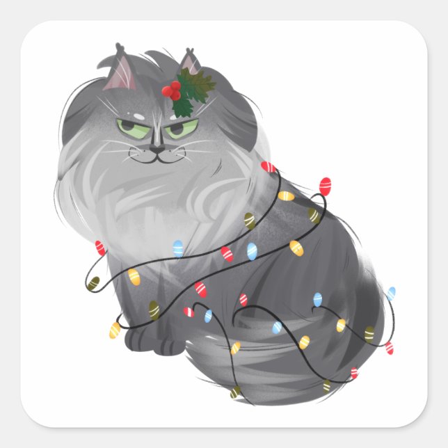 Maine Coon Cat with Christmas Decorations Square Sticker (Front)