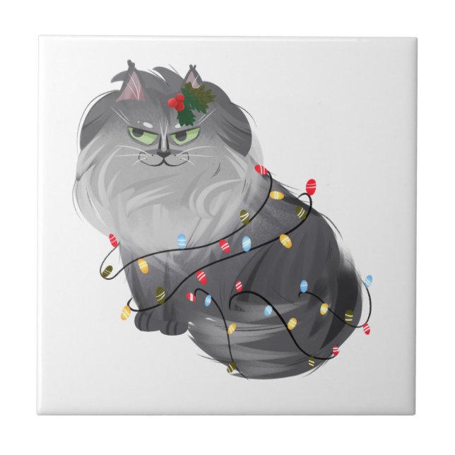 Maine Coon Cat with Christmas Decorations Tile (Front)