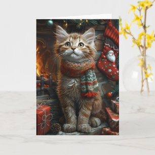Maine Coon Cat With Christmas Gifts Fireplace Card