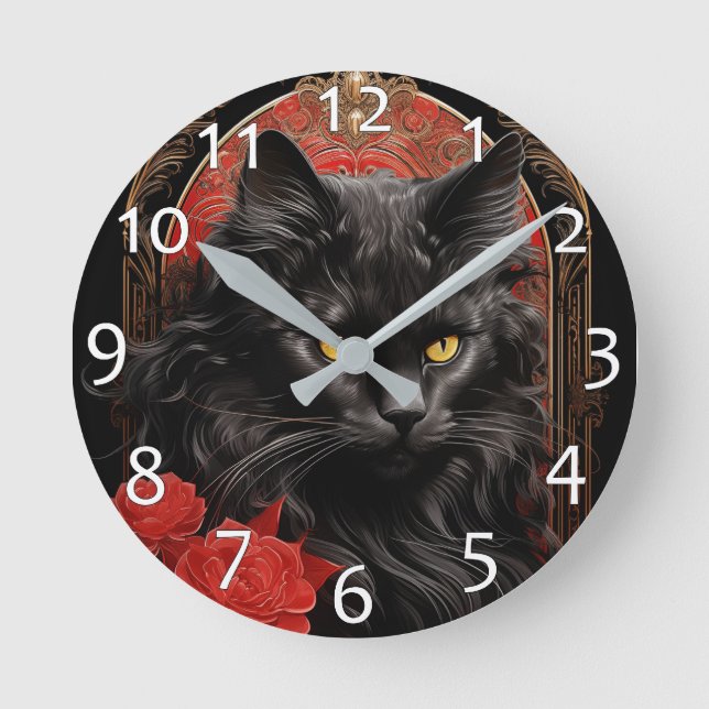 Maine Coon cat with flowers Round Clock (Front)