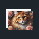 Maine Coon Cat with Pink Flowers  Postcard<br><div class="desc">This postcard features a beautiful portrait of a orange Maine Coon Cat with a rose flower frame.  (AI art created by Susang6)</div>