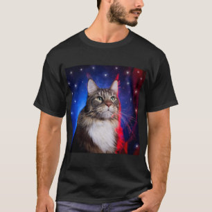 Maine Coon Cat With Red White Blue Aura And Stars T-Shirt