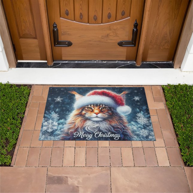 Maine Coon Cat with Santa Hat Merry Christmas Doormat (Outdoor)
