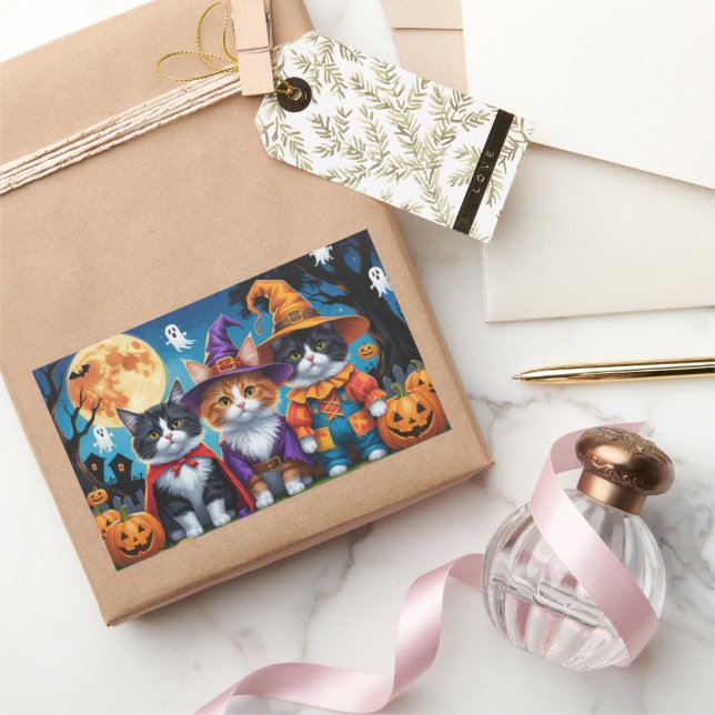 Maine Coon Cats Pumpkin Halloween Funny Rectangular Sticker (Gifting)