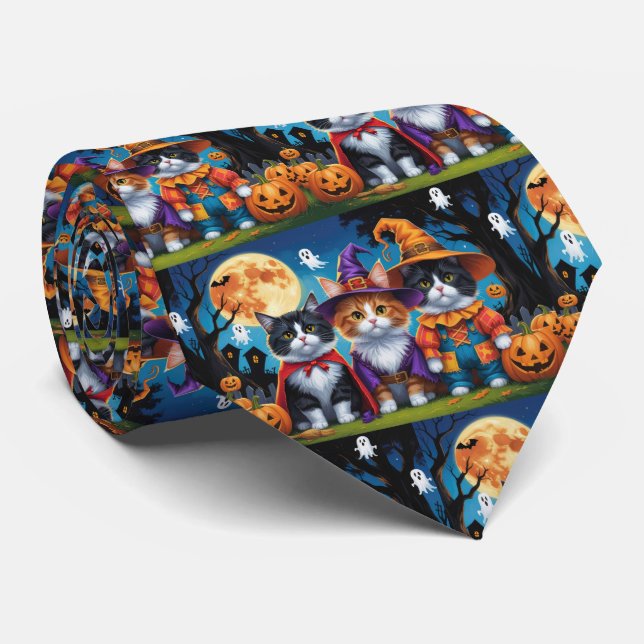 Maine Coon Cats Pumpkin Halloween Funny Tie (Rolled)
