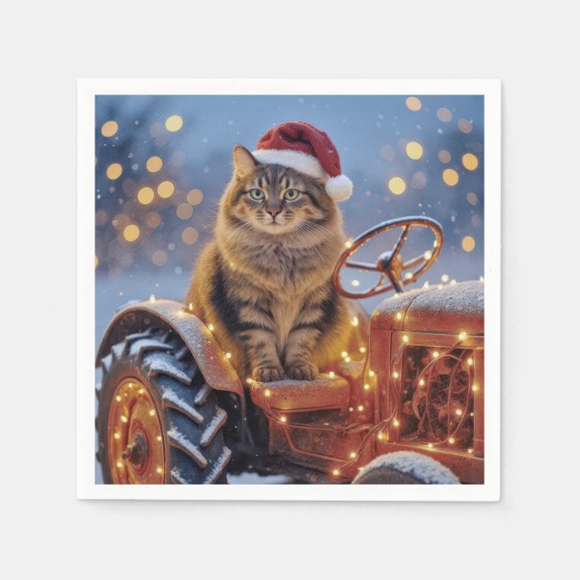 Maine Coon Christmas Cat On an Old Tractor Napkin (Front)