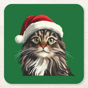 Maine coon, CHRISTMAS, kitty cat, kitty presents Square Paper Coaster