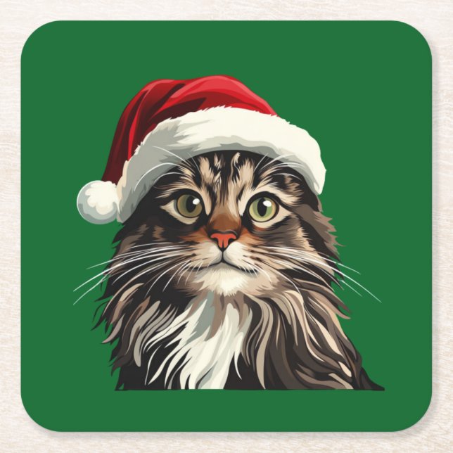 Maine coon, CHRISTMAS, kitty cat, kitty presents Square Paper Coaster (Front)