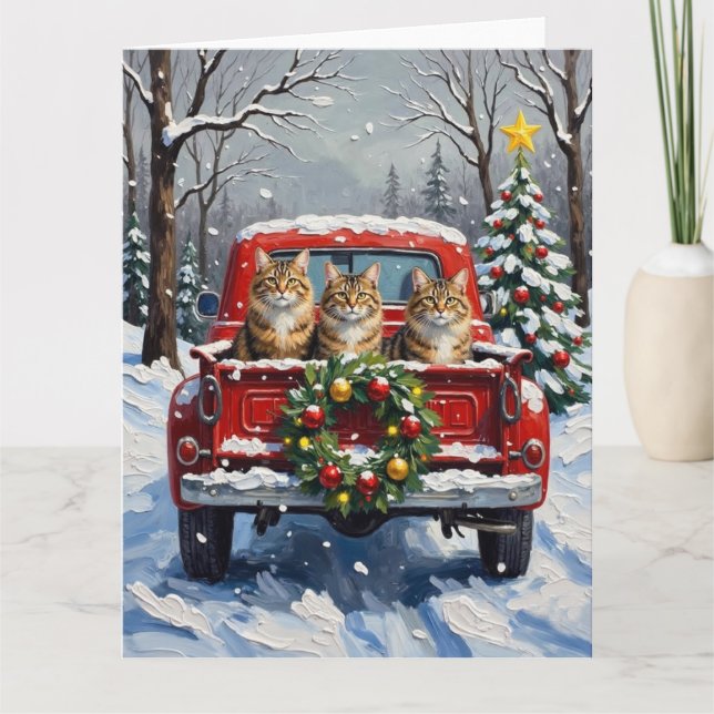 Maine Coon Christmas Red Truck Holiday Card (Front)