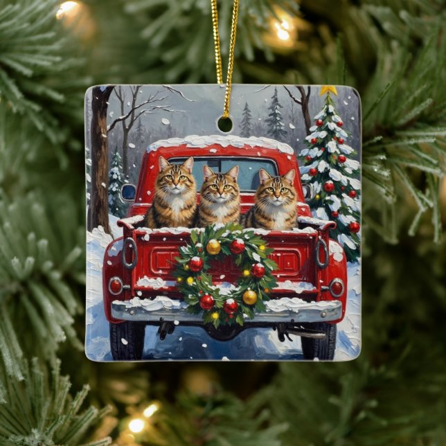 Maine Coon Christmas Red Truck Holiday Ceramic Ornament (Tree)
