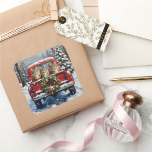 Maine Coon Christmas Red Truck Holiday Square Sticker