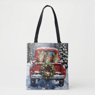 Maine Coon Christmas Red Truck Holiday Tote Bag