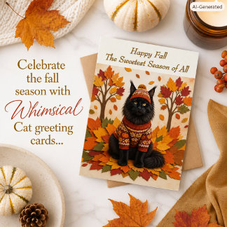 Maine Coon Cute Cat  Fall Leaves Autumn Family   Card