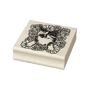 Maine Coon Dilute Calico Cat Purple Daisy          Rubber Stamp