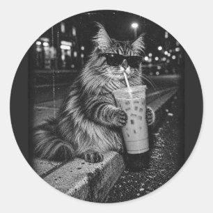 Maine Coon Iced Coffee Black and White Noir Art Classic Round Sticker