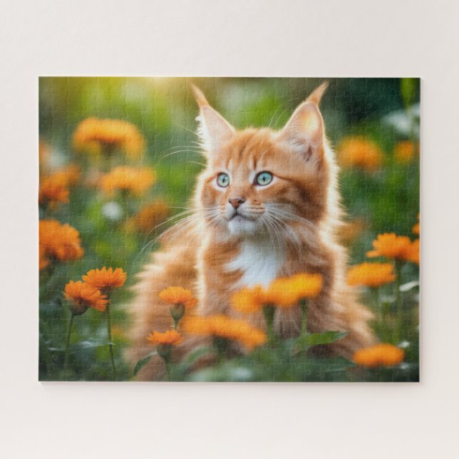Maine Coon Kitten In A Flower Field Jigsaw Puzzle (Horizontal)