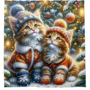 “Maine Coon Kittens’ First Christmas Snowfall" Shower Curtain