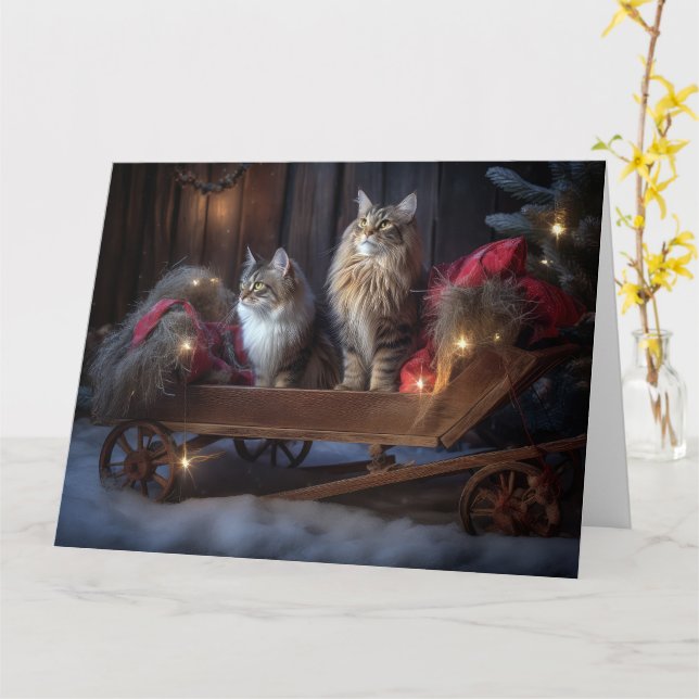 Maine Coon Snowy Sleigh Christmas Decor Card (Yellow Flower)