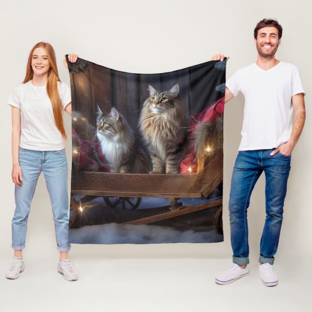Maine Coon Snowy Sleigh Christmas Decor Fleece Blanket (In Situ)