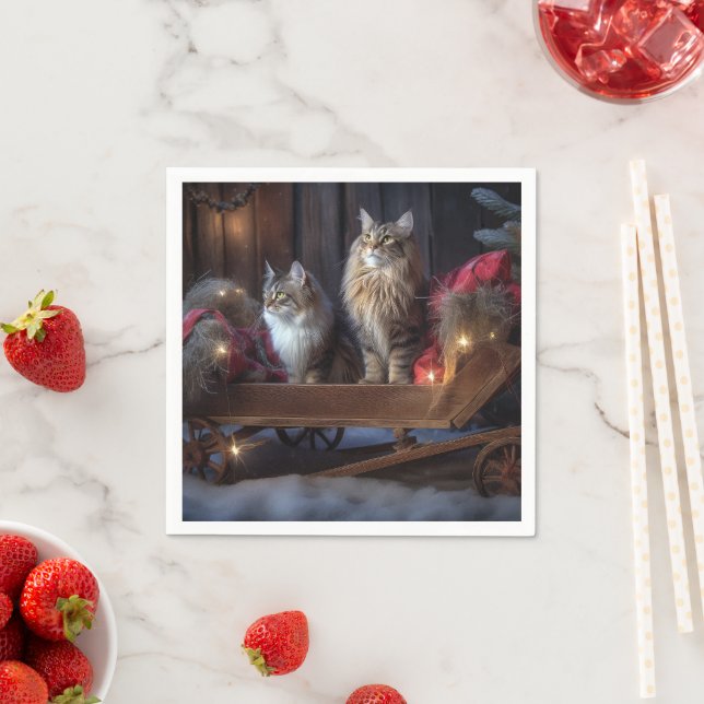 Maine Coon Snowy Sleigh Christmas Decor Napkin (Insitu)