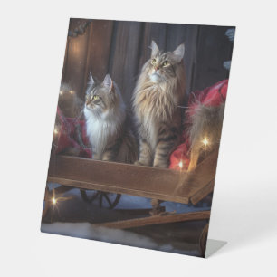 Maine Coon Snowy Sleigh Christmas Decor Pedestal Sign