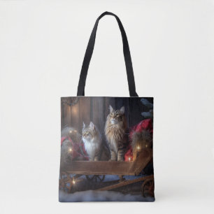 Maine Coon Snowy Sleigh Christmas Decor Tote Bag