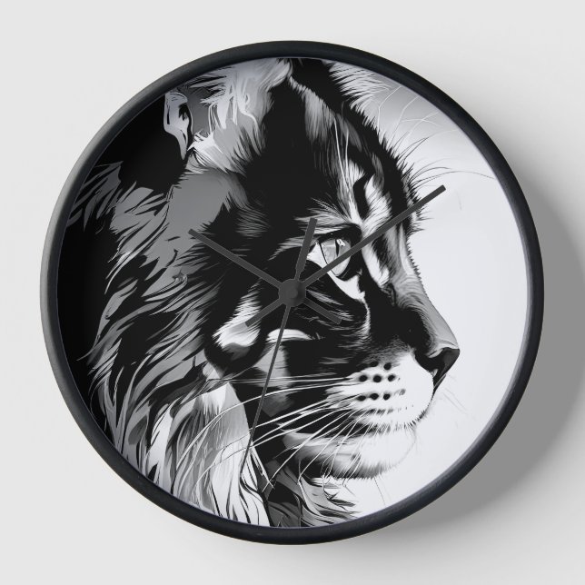 Maine Coon Wall Clock: Black & White Cat Home Deco Clock (Front)