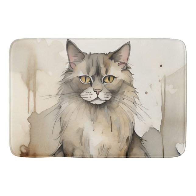 Maine Coon Watercolor Illustration Bath Mat (Front)