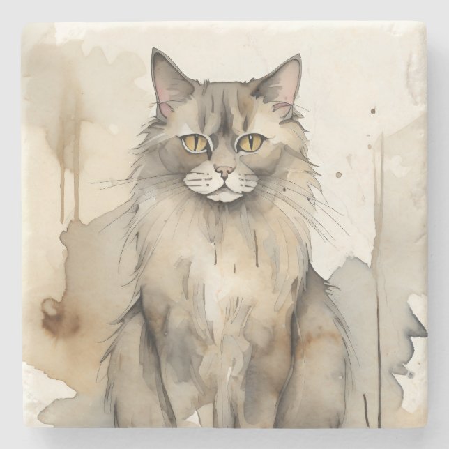 Maine Coon Watercolor Illustration Stone Coaster (Front)