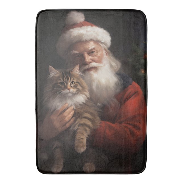 Maine Coon With Santa Claus Festive Christmas  Bath Mat (Front Vertical)