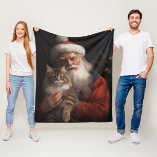 Maine Coon With Santa Claus Festive Christmas  Fleece Blanket
