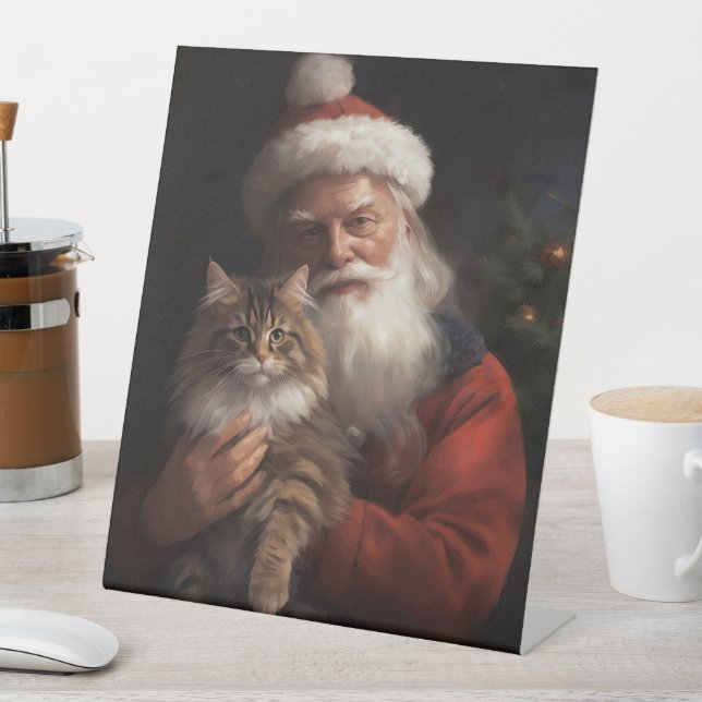 Maine Coon With Santa Claus Festive Christmas  Pedestal Sign (In SItu)
